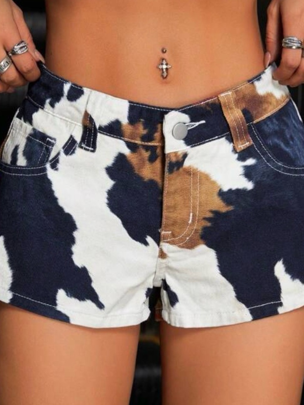 Cow Print Women’s Denim Shorts - Navy, White & Brown